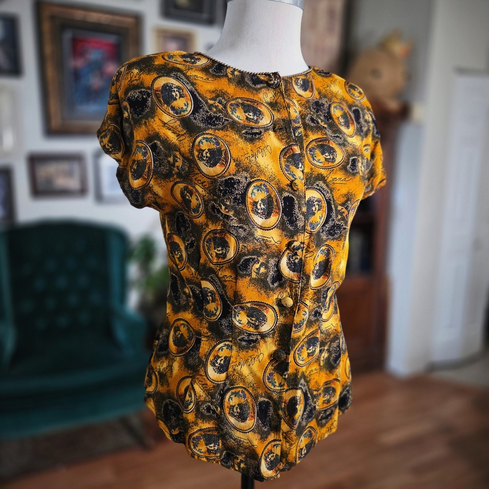 Vintage‎ 90s PLATINUM PETITES Women's Clock Print Button Front Short Sleeve Top - Picture 2 of 8